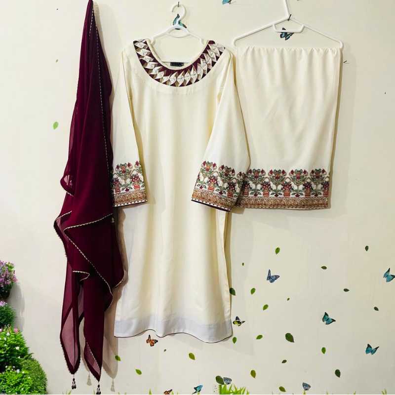 Breathtaking 3 piece Off white Dhanak Mareena Dress Hayas Creation