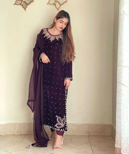 3-piece Hand-worked Plum Velvet Dress with a beautiful Chiffon Dupatta and Velvet Trousers.