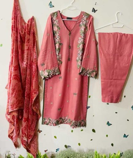 3-piece Embroidered Dhanak Mareena Dress with Plachi Dupatta and Dhanak Mareena Trousers.