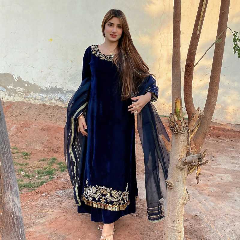 Navy blue velvet pakistani dress shop