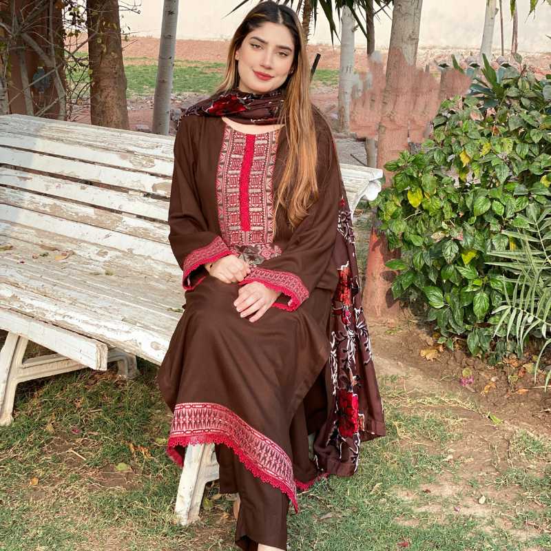 3-piece Embroidered Brown Dhanak Mareena Dress