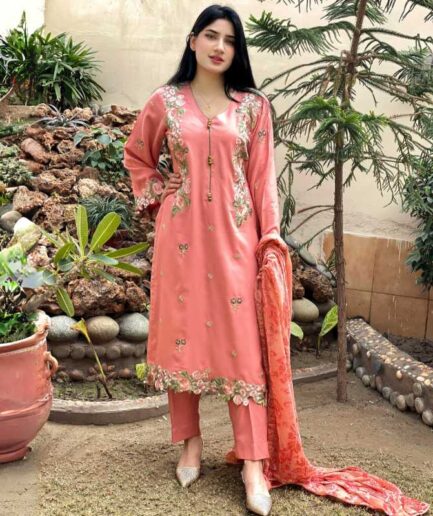 3-piece Embroidered Peach Dhanak Mareena Dress