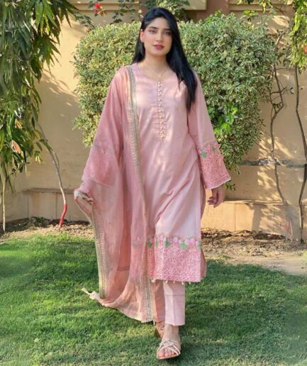 3-piece Embroidered Baby Pink Lawn Dress with Laced Chiffon Dupatta