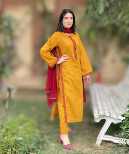 3-piece Embroidered Mustard Lawn Dress