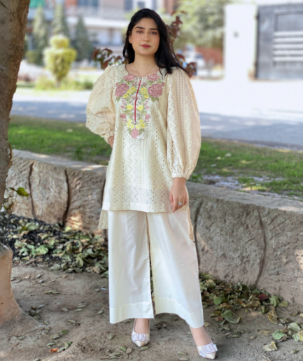2-piece Embroidered Off-white Chikankari Dress