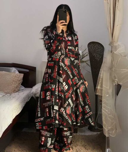 2-piece Printed Black Stone Linen Frock