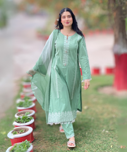 3-piece Embroidered Sea Green Lawn Dress