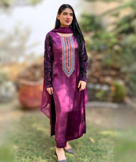 3-piece Embroidered Plum Silk Dress