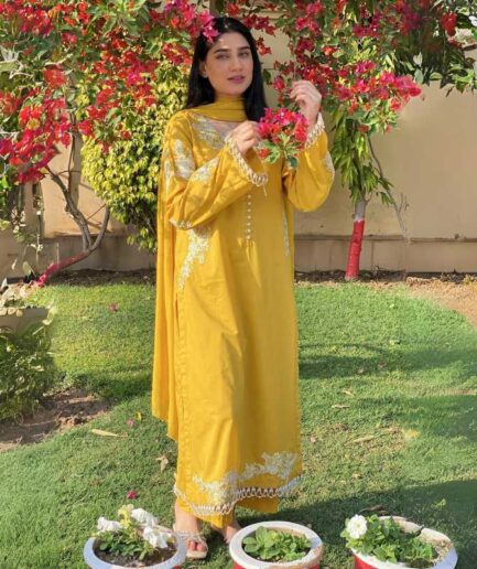 3-piece Embroidered Mustard Yellow Lawn Dress