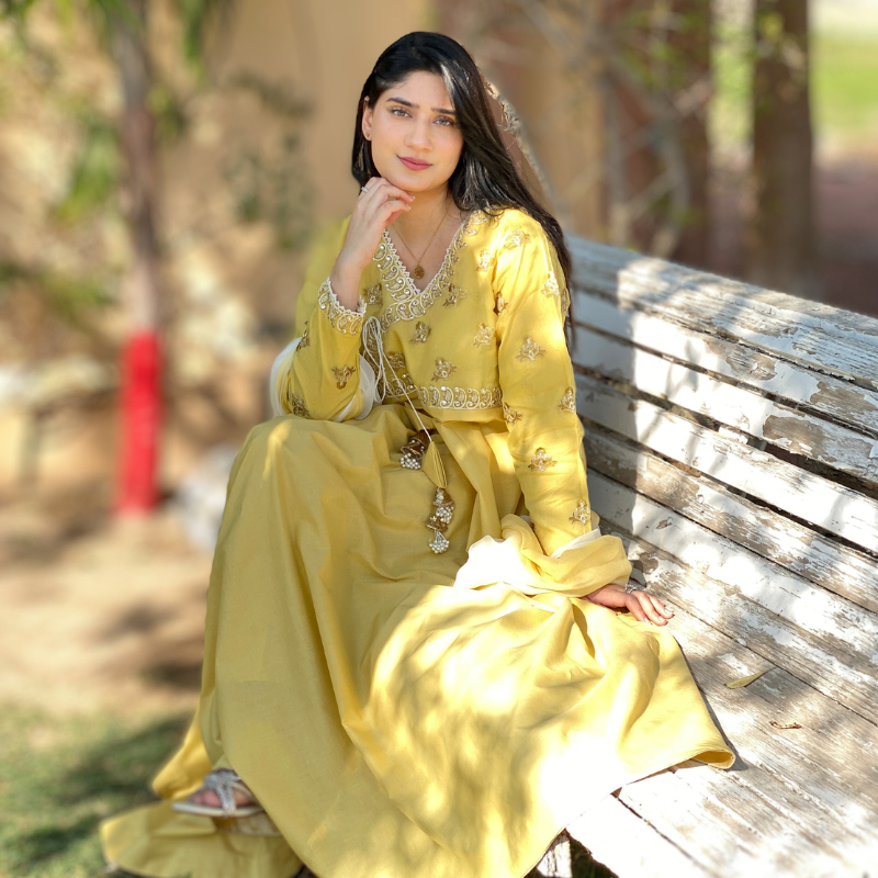3 piece Embroidered Lemon Lawn Umbrella Frock Hayas Creation