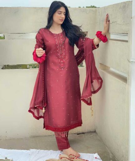 3-piece Hand-worked Maroon Raw Silk Dress