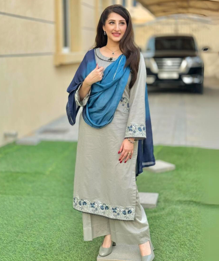 3-piece Embroidered Grey and Blue Lawn Dress