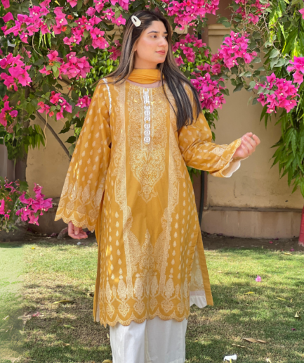 3-piece Printed Mustard Lawn Dress with a Soft Silk Dupatta