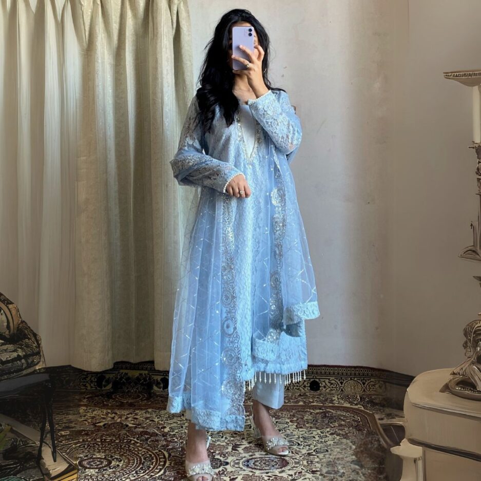 3-piece Hand-worked Light Blue Raw Silk Dress