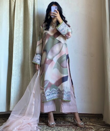 3-piece Embroidered Powder Pink Printed Chiffon Dress