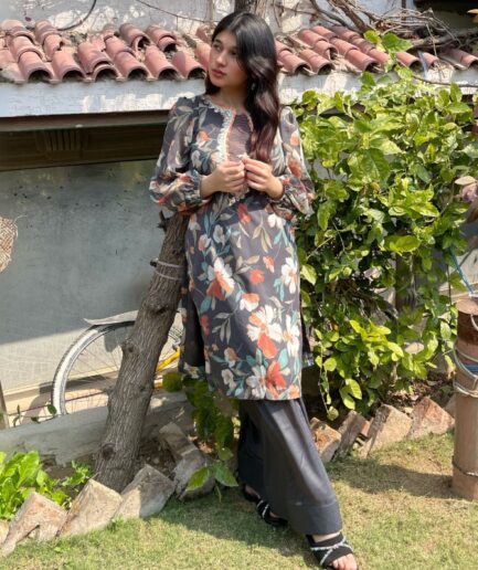 2-piece Printed Chiffon Dark Grey Dress