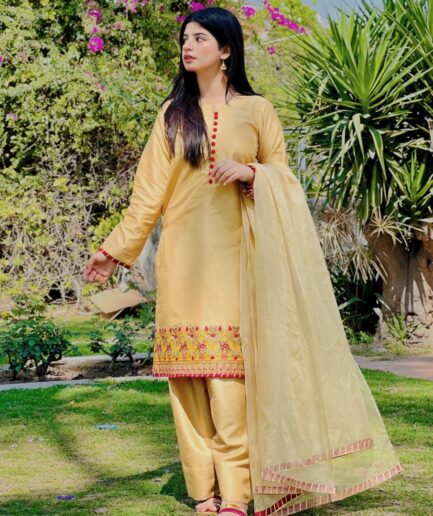 3-piece Embroidered Mustard Yellow Raw Silk Dress