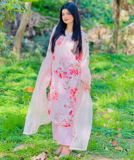 3-piece Bead-worked Pink Printed Chiffon Dress