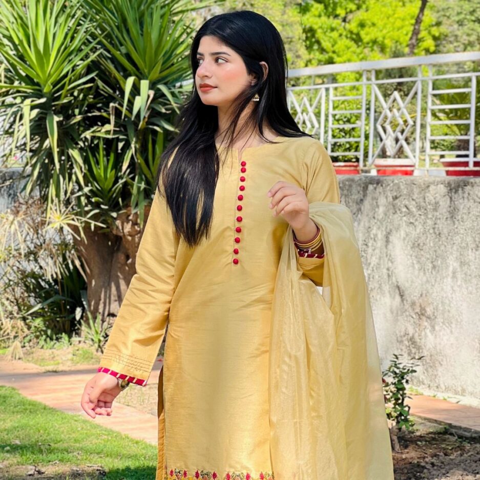 3-piece Embroidered Mustard Yellow Raw Silk Dress