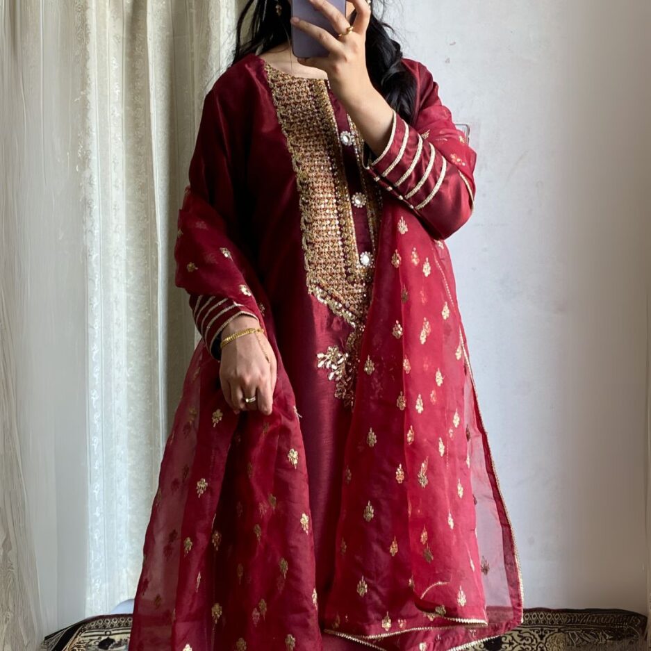 3-piece Embroidered Maroon Raw Silk Dress