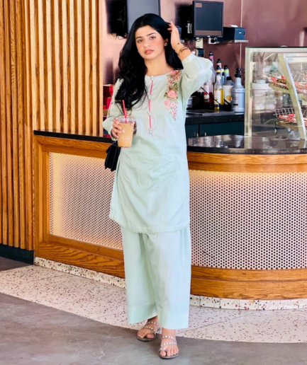 2-piece Embroidered Pistachio Green Doria Lawn Dress with Farshi Shalwar
