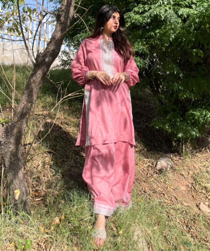 2-piece Embroidered Tea Pink Tarkashi Lawn with Farshi Shalwar
