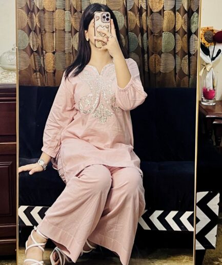 2-piece Baby Pink Embroidered Lawn Dress with Plazo